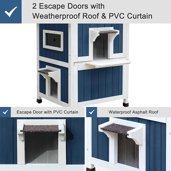 HiCaptain Weatherproof Cat House for Outdoor, 2 Story Feral Cat House with Balcony and Escape Door, Outside Wooden Pet Shelter for Small Animal-Blue