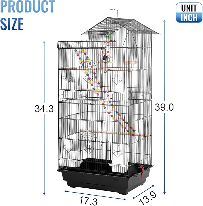 FDW 39 Inch Bird Cage Parakeet Cage with Play Top Rolling Stand & Easy Clean Pull-Out Tray Roof Top Parrot Cage for for Finches Canaries Parakeets Cockatiels & Other Small Birds, Black