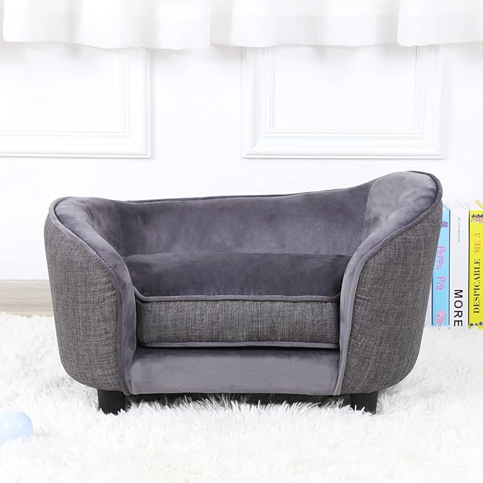 Pet Sofa Bed, Velvet & Linen fabric Dog Couch with Washable Cushion for Small Dog Cat Gray (Gray)