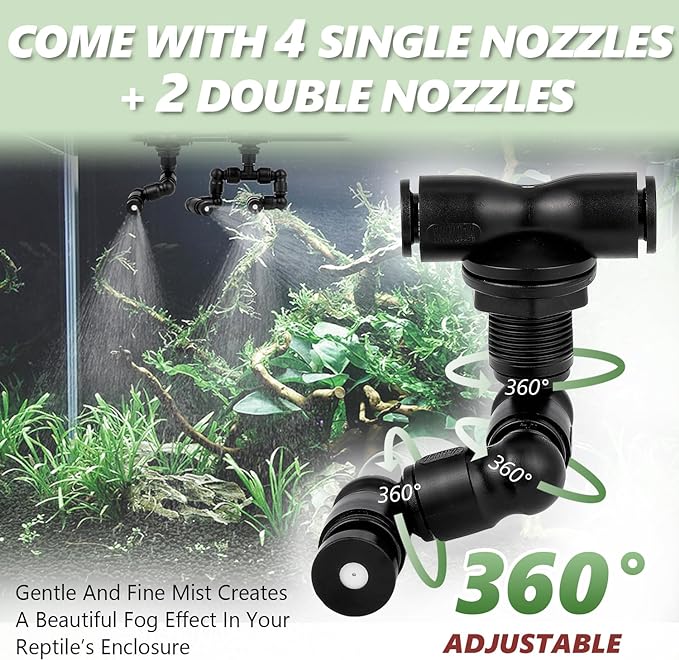 Reptile Humidifier, Quieter Mister Fogger for Terrarium with 4 Single Misting Nozzle + 2 Double Misting Nozzle, Reptile Mister Spray System for Reptile, Chameleon, Lizard, Snake, Frog