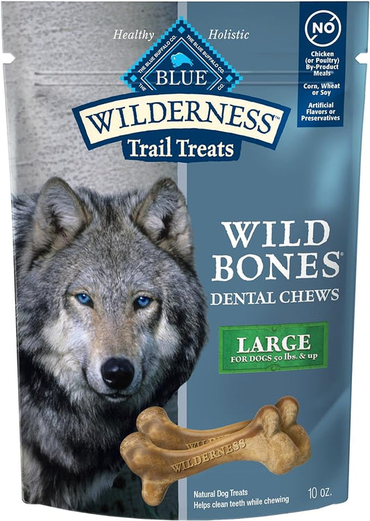 Blue Buffalo Wilderness Trail Treats Wild Bones Large Dental Chews, Grain-Free Dog Bones For Large Dogs Made with Natural Ingredients, 10-oz. Bag