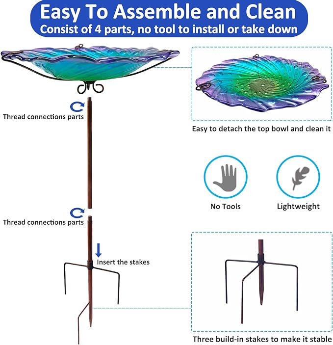 Bird Bath, Glass Bird Bath for Outside, Birdbaths for Outdoors Bird Feeders Bowl with Metal Stake, Water Flow Ripple Bird Baths Outdoor Décorations, Standing Small Birdbath Bowl for Outside-Colorful