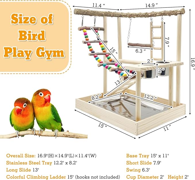 Hamiledyi Bird Playground Parrots Wood Perch Stand Cockatiel Playground Bird Play Gym Colours Climb Ladders Swing Chewing Toys with Parakeet Feeding Cups Exercise Activity Center for Lovebirds Conure