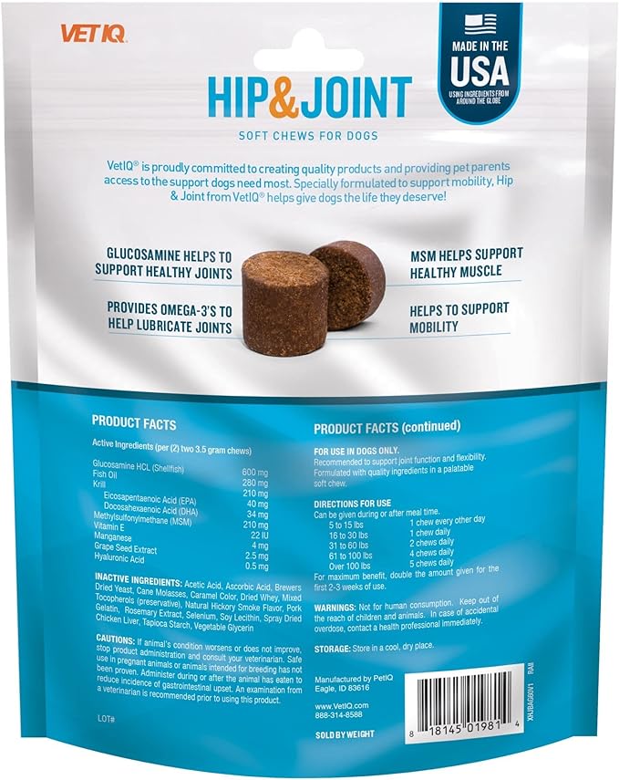 VetIQ Glucosamine Hip & Joint Supplement for Dogs, 60 Soft Chews, Dog Joint Support Supplement with MSM and Krill, Dog Health Supplies Large & Small Breed, Chicken Flavored Chewables