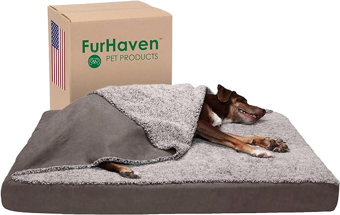 Furhaven Cooling Gel Dog Bed for Large Dogs w/ Removable Washable Cover, For Dogs Up to 95 lbs - Berber & Suede Blanket Top Mattress - Gray, Jumbo/XL