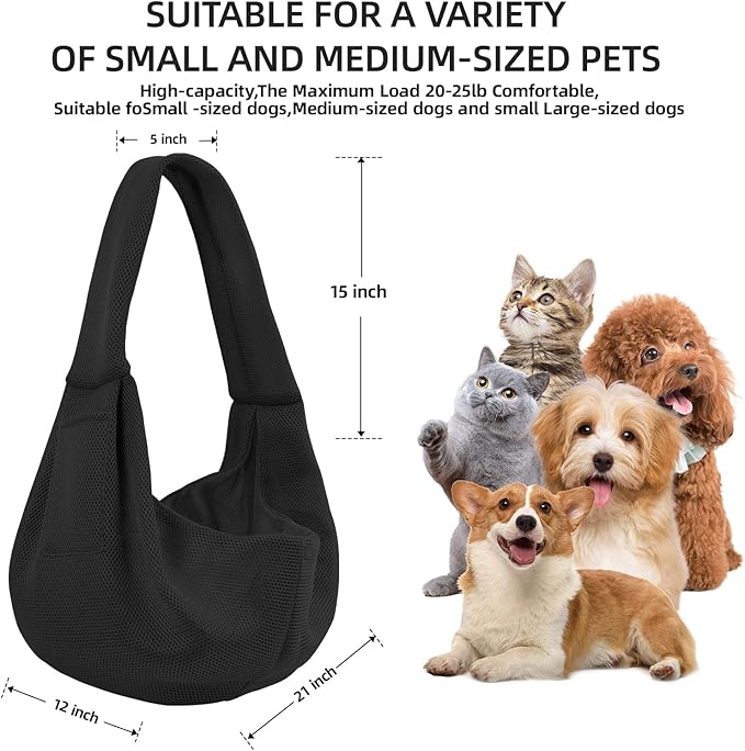 Dog Carrier Sling - Ultra Breathable Reversible Puppy Carrier Purse with Storage Pocket, Travel Safety Harness, Hand-Free Dog Sling Carrier for Carry Small Dogs and Cats, Dog and cat Harness (Black)