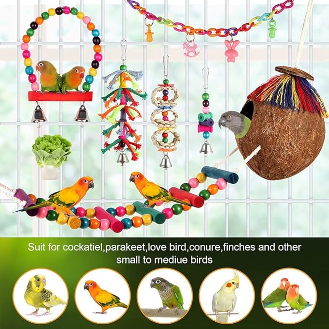 Bird Toys 17 Pcs Bird Parakeet Swing Chewing Hanging Toys Climbing Ladder Coconut Bird Cage Toys Suitable for Cockatiels,Conures,Finches,Budgie,Love Birds