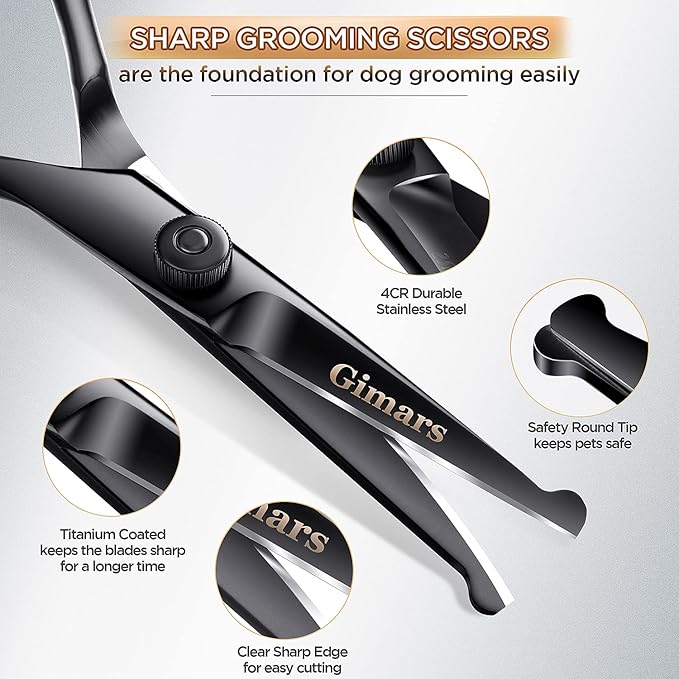 Gimars Professional 4CR Stainless Steel 6 in 1 Grooming Scissors for Dogs with Safety Round Tip, Heavy Duty Titanium Coated Pet Grooming Scissor for Dogs, Cats and Other Animals