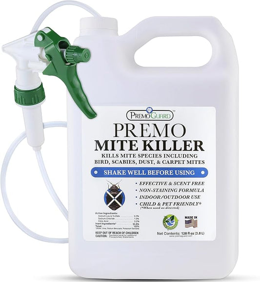 Mite Killer Spray by Premo Guard – 128 oz – Treatment for Dust Spider Bird Rat Mouse Carpet and Scabies Mites – Fast Acting 100% Effective – Child & Pet Safe – Best Natural Extended Protection