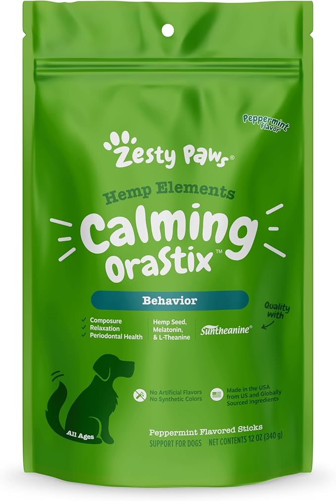 Zesty Paws OraStix for Dogs - Calming Dental Sticks for Stress with Hemp Melatonin Chamomile Dog Healthy Teeth and Gums Calm Composure for Fireworks and Thunderstorms - 12oz