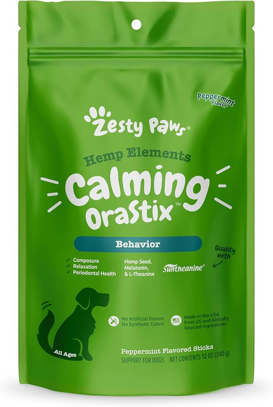 Zesty Paws OraStix for Dogs - Calming Dental Sticks for Stress with Hemp Melatonin Chamomile Dog Healthy Teeth and Gums Calm Composure for Fireworks and Thunderstorms - 12oz