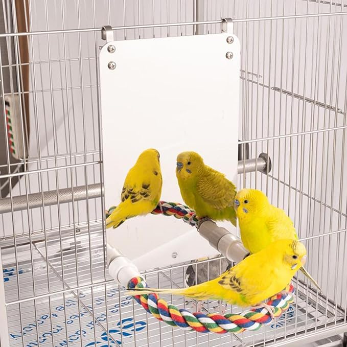 Bird Mirror with Rope Perch Bird Toys Swing, Bird Mirror for Cage,Bird Buddy Accessories,Comfy Perch,Bird Toys for Greys Amazons Parakeet Cockatiel Conure Lovebirds Finch Canaries