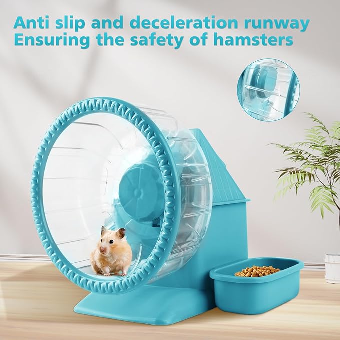 Silent Hamster Wheel Multifunctional Hamster Wheel Quite Running Spinner Wheel Accessories with Food Bowl Water Bottle for Hamsters Dwarf Gerbil (Blue)