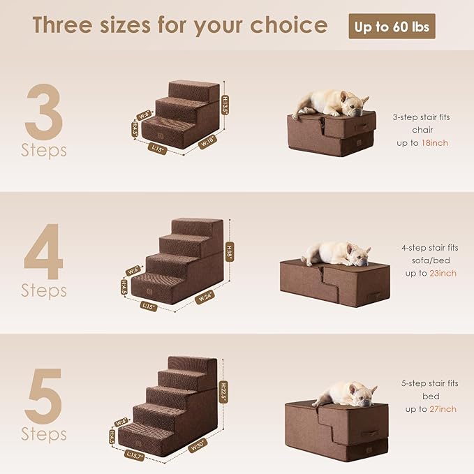 EHEYCIGA Dog Stairs for Small Dogs 13.5" H, 3-Step Dog Steps for Couch Sofa and Chair, Pet Steps for Small Dogs and Cats, Non-Slip Balanced Dog Indoor Ramp, Brown