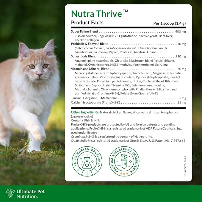 ULTIMATE PET NUTRITION Nutra Thrive™ Cat 40 in 1 Nutritional Supplement for Cats, Vitamins, Minerals, Probiotics, Enzymes, Antioxidants and Superfoods Blend, 30 Servings