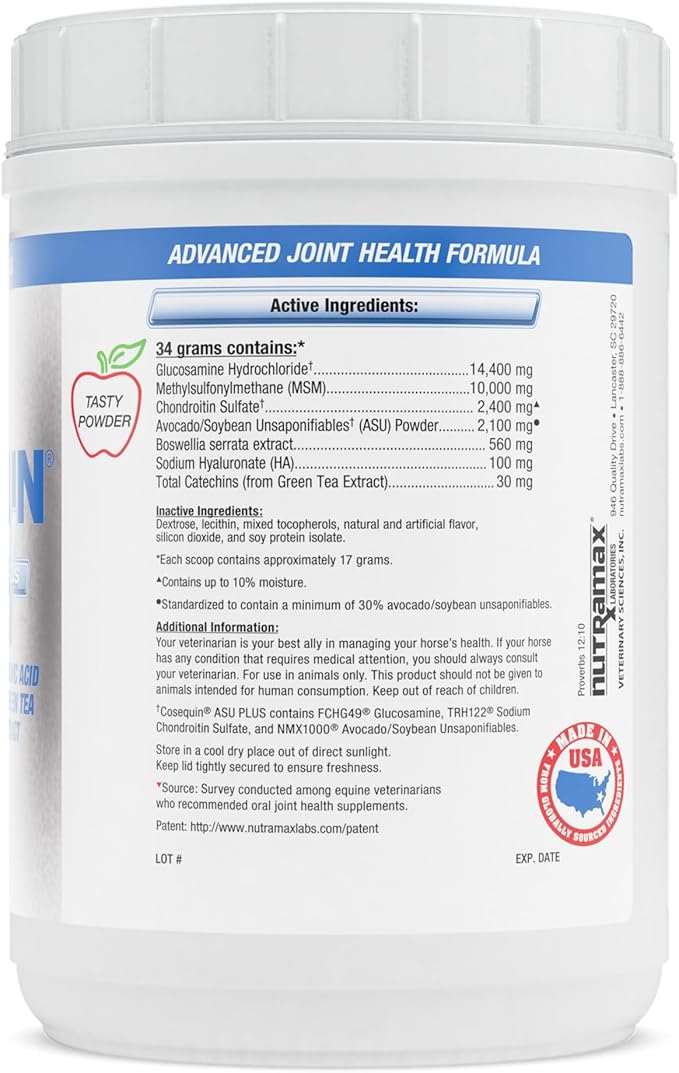 Nutramax Cosequin ASU Joint Health Supplement for Horses - Powder with Glucosamine, Chondroitin, MSM, ASU, Green Tea Extract, and Hyaluronic Acid, 1050 Grams