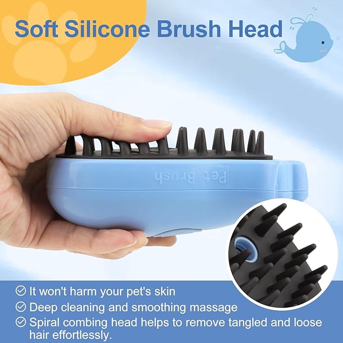 Cat Steam Brush, 3 in 1 Cat Steamy Brush, Silicone Massage Grooming Brush, Pet Hair Self Cleaning Brush Comb for Cats Dogs(Blue Whale)