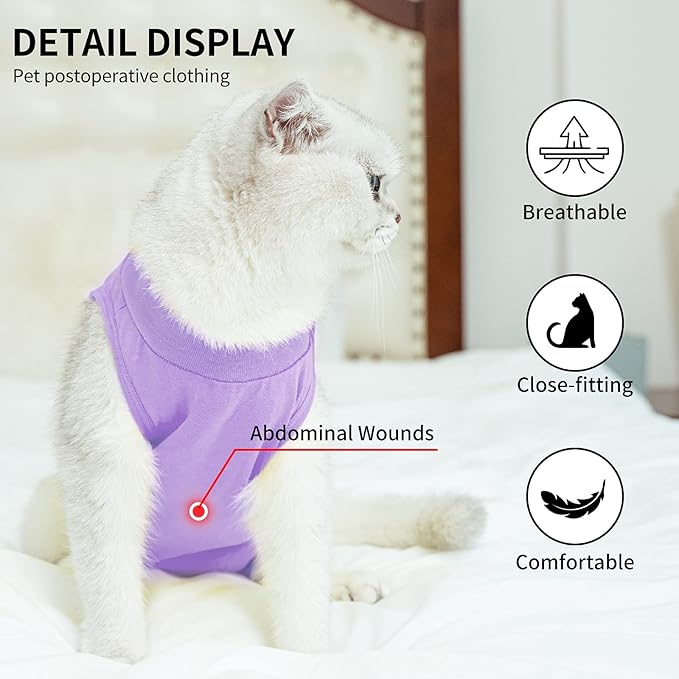 Kitten Onesies,Cat Recovery Suit for Abdominal Wounds or Skin Diseases,After Surgery Wear Anti Licking Wounds,Breathable E-Collar Alternative for Cat Purple L