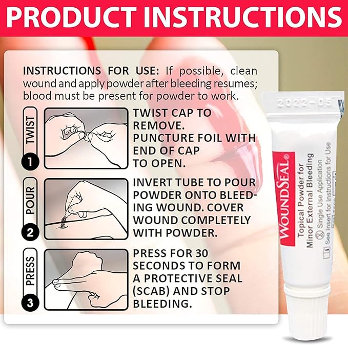 WoundSeal Powder 4 Each (Pack of 2) - Wound Care First Aid for Cuts, Scrapes and Abrasions - Stops Bleeding in Seconds Without Stitches or Bandages - Safe and Effective for People of All Ages and Pets