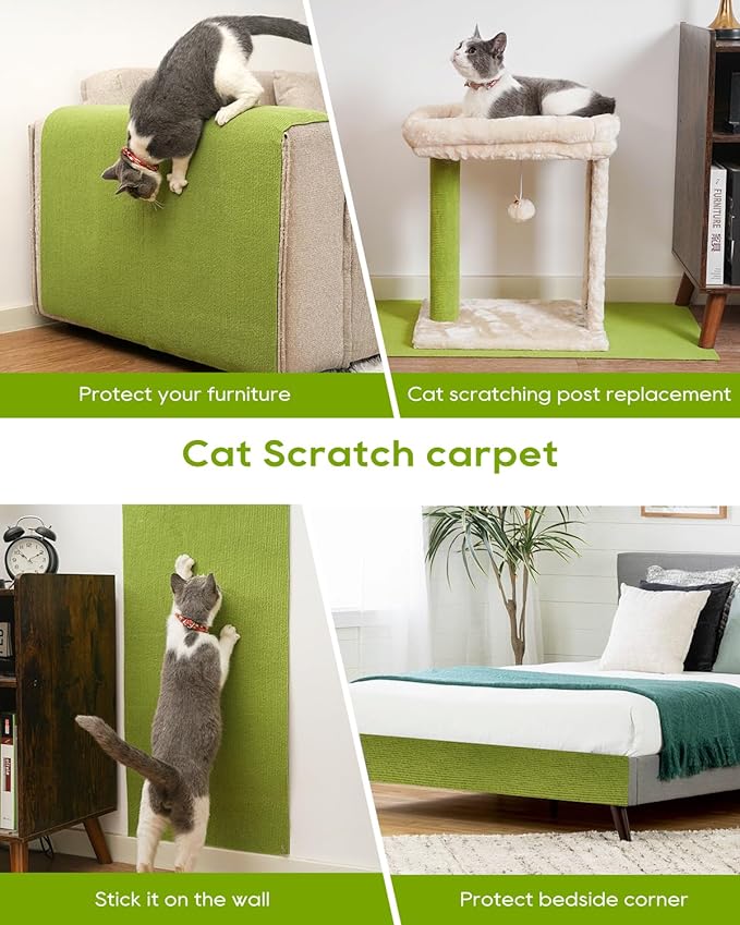 SYANDLVY Cat Scratching Carpet, 78.7"x15.8" Scratch Mat, Trimmable Self-Adhesive Furniture Protector, Pad Replacement for Cat Tree Shelves and Post, DIY Wall & Door Protector, Green