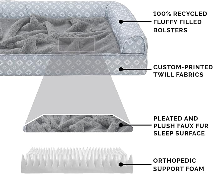 Furhaven Cozy Orthopedic Dog Bed for Medium/Small Dogs w/ Removable Bolsters & Washable Cover, For Dogs Up to 35 lbs - Plush & Diamond Print Nest Top Sofa - Gray, Medium