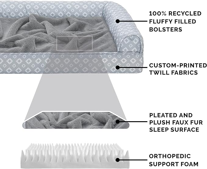 Furhaven Cozy Orthopedic Dog Bed for Large/Medium Dogs w/ Removable Bolsters & Washable Cover, For Dogs Up to 55 lbs - Plush & Diamond Print Nest Top Sofa - Gray, Large