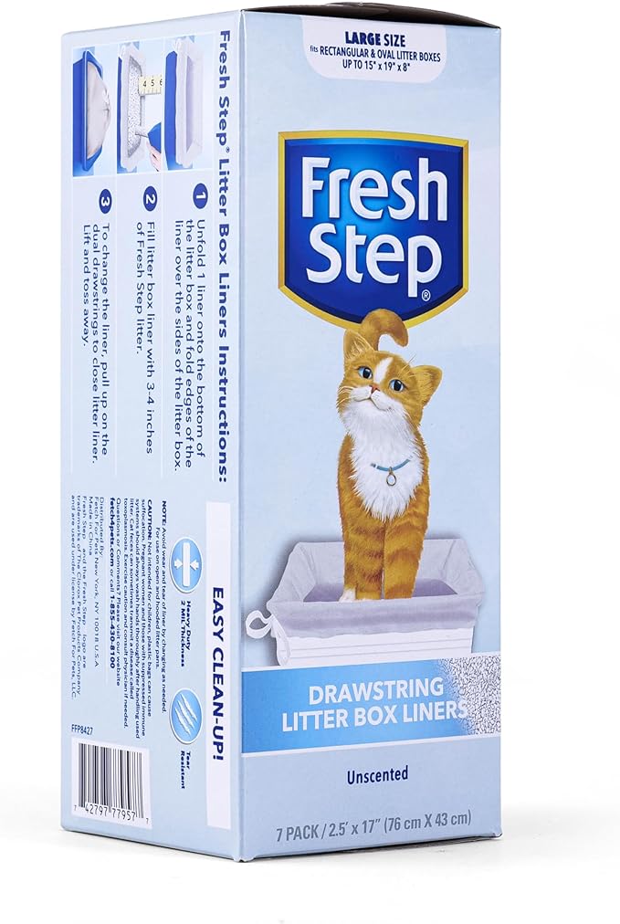 Fresh Step Drawstring Cat Litter Box Liners, Unscented, Size Large, 30" x 17" - 7 Count | Kitty Litter Bags, Cat Litter Liners for All Cats to Keep Your Home Clean