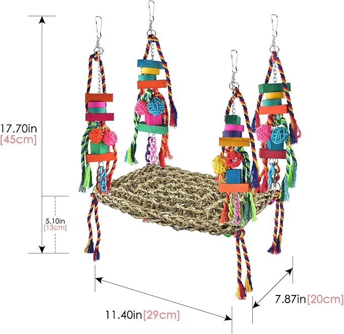 KATUMO Bird Toys, Bird Foraging Wall Toy Large Size Seagrass Woven Climbing Hammock Swing Mat with Colorful Chewing Toys for Lovebird, Parakeet, Budgie, Conure, Cockatiel, Small Birds