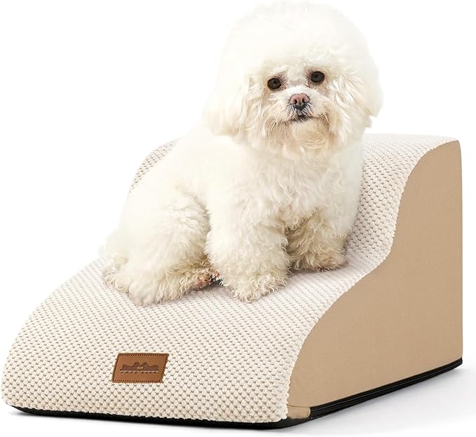 Dog Stairs for Chair, Small Dogs Ramp with Leakproof Fabric Cover, Foam Pet Steps for Cat or Sofa, Lightweight, Non-Slip, Durable, Comfort, 15.7x19.7x11.8in, Light Khaki, 2 Tiers