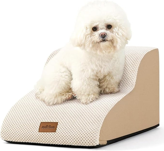 Dog Stairs for Chair, Small Dogs Ramp with Leakproof Fabric Cover, Foam Pet Steps for Cat or Sofa, Lightweight, Non-Slip, Durable, Comfort, 15.7x19.7x11.8in, Light Khaki, 2 Tiers