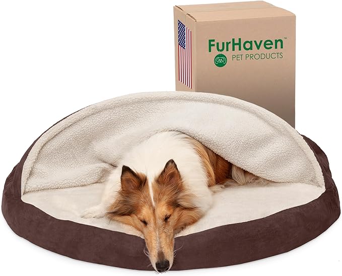 Furhaven 44" Round Orthopedic Dog Bed for Large Dogs w/ Removable Washable Cover, For Dogs Up to 80 lbs - Sherpa & Suede Snuggery - Espresso, 44-inch