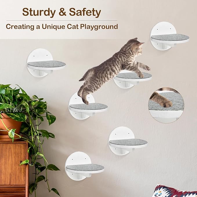 Y&ME YM 6-Packs Cat Climbing Shelves Wall Mounted, Cat Wall Steps Shelves, Cat Wall Shelves with Scratching Pad, Cat Wall Furniture for Cats Sleep Climb Play, Cat Shelves Cat Stairs Cat Ladder (White)