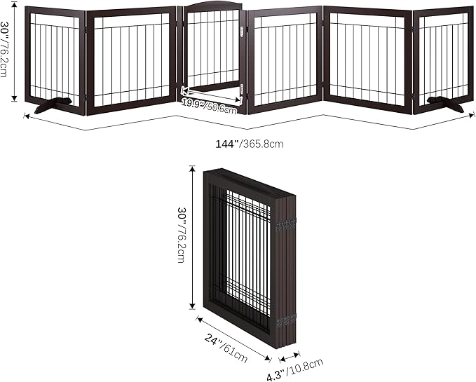 Folding Pet Gate 144" Wide, 30" Tall No-Assembly Wooden Dog Gate with Door Walk Through, Freestanding Wire Pet Gate, Pet Puppy Safety Fence, with 2PCS Support – Espresso