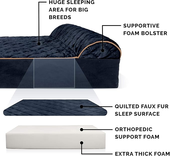 Furhaven Orthopedic Dog Bed for Extra Large Dogs w/ Bonus Water-Resistant Liner & Removable Washable Cover, For Dogs Up to 300 lbs - Goliath Quilted Faux Fur & Velvet Bolster Chaise - Dark Blue, 3XL