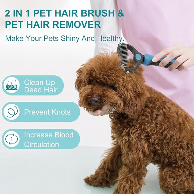 Pet Grooming Brush, Double Sided Undercoat Rake for Dogs & Cats, Professional Deshedding Brush and Dematting Tool, Safe and Effective Removing Knots, Mats, Tangles,and Flying Hair (Blue)