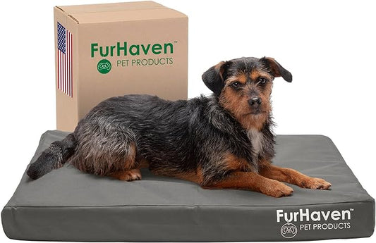 Furhaven Water-Resistant Cooling Gel Dog Bed for Medium/Small Dogs w/ Removable Washable Cover, For Dogs Up to 35 lbs - Indoor/Outdoor Logo Print Oxford Polycanvas Mattress - Stone Gray, Medium