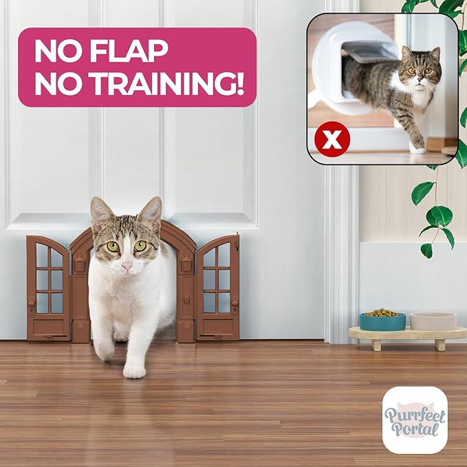 Purrfect Portal French Cat Door - Stylish No-Flap Cat Door Interior Door for Average-Sized Cats Up to 20 lbs, Easy DIY Setup, Secured Installation in Minutes, No Training Needed, 7.13 x 8.32”