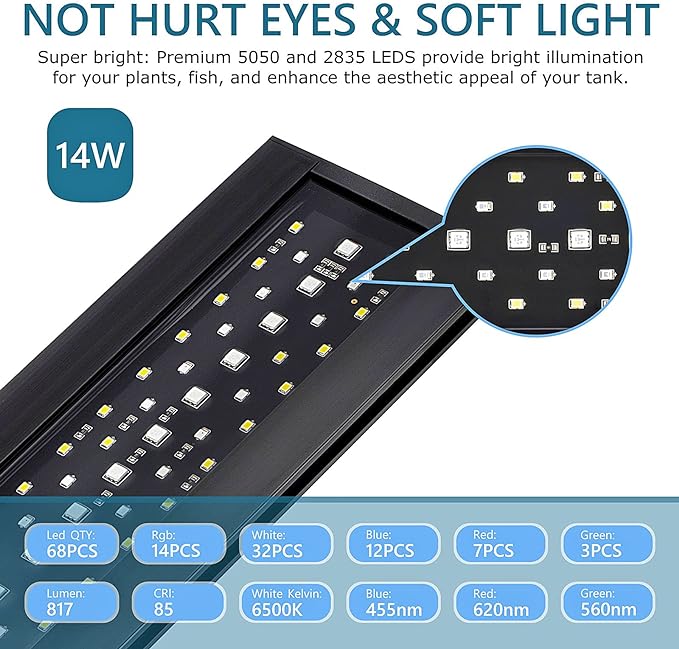 hygger Clip On 24/7 Lighting Aquarium LED Light, 14W Sunrise-Daylight-Moonlight and DIY Mode, Adjustable Timer / Brightness Fish Tank Light with 7 Colors for Planted Tank