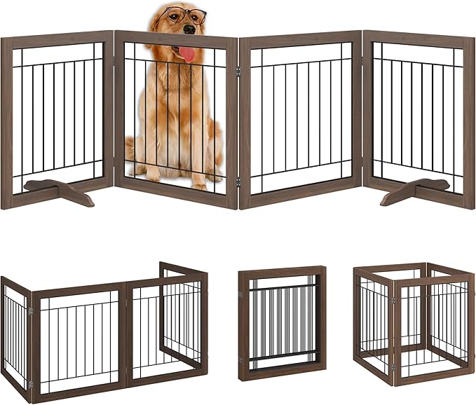 Folding No-Assembly Pet Gate 96" Wide, 30" Tall Wooden Dog Gate, Freestanding Wire Pet Gate, Pet Puppy Safety Fence, with 2PCS Support - Brown