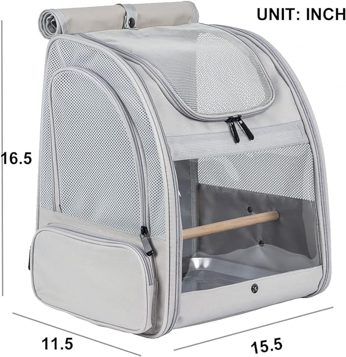 Bird Backpack, Bird Travel Carrier with Stand Perch, Airline Approved Grey Bird Backpack Carrier