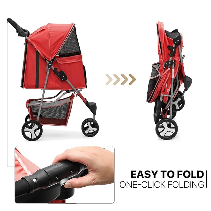 MoNiBloom 3 Wheels Pet Stroller, Foldable Puppy Cage Jogger Stroller with Weather Cover for All-Season, Storage Basket and Cup Holder, Breathable and Visible Mesh for Small/Medium Pets, Red