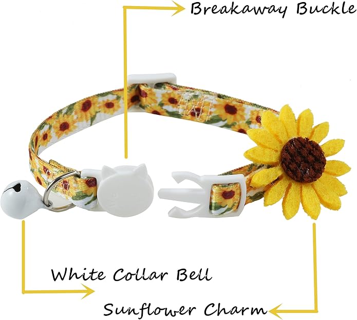 Flower Cat Collar with Detachable Sunflower Charm,Yellow Breakaway Kitten Collar with Bell