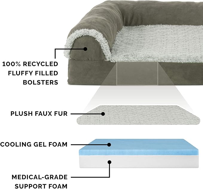 Furhaven Cooling Gel Dog Bed for Large/Medium Dogs w/ Removable Bolsters & Washable Cover, For Dogs Up to 55 lbs - Two-Tone Plush Faux Fur & Suede L Shaped Chaise - Dark Sage, Large