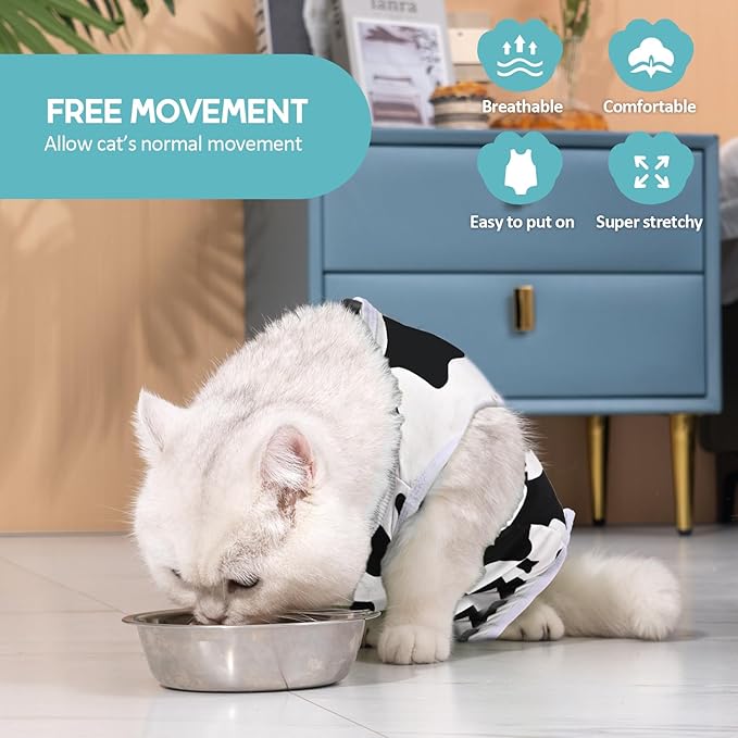 Avont Cat Recovery Suit - Kitten Onesie for Cats After Surgery, Cone of Shame Alternative Surgical Spay Suit for Female Cat, Post-Surgery or Skin Diseases Protection -Cow(L)