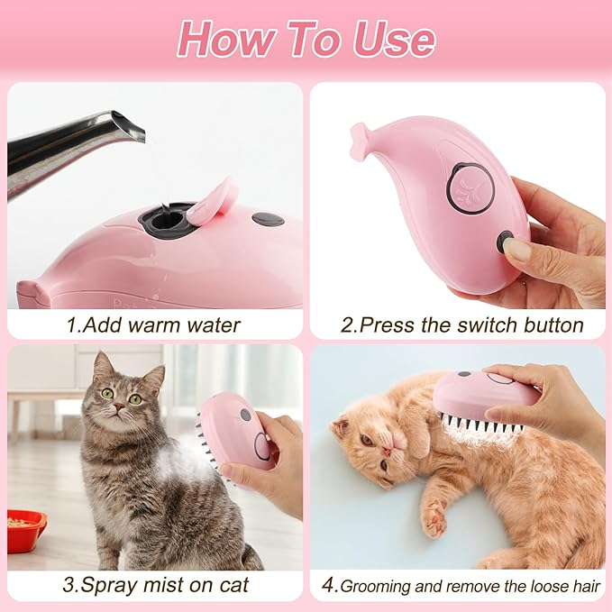 Cat Steam Brush, 3 in 1 Cat Steamy Brush, Silicone Massage Grooming Brush, Pet Hair Self Cleaning Brush Comb for Cats Dogs(Pink Whale)