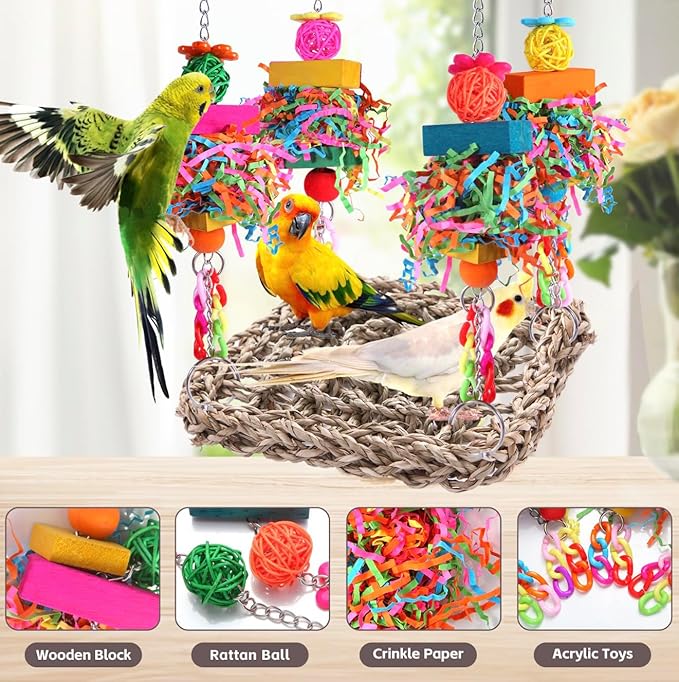 Parakeet Toys Bird Toys Conure Toys Birdcage Stands Bird Foraging Wall Seagrass Woven Hammock Swing Mat for Lovebirds,Cockatiel,Budgie and other Small to Middle Birds