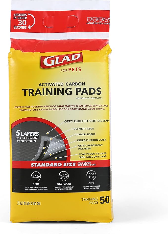 Glad for Pets Black Charcoal Puppy Pads, All-in-One | Puppy Potty Training Pads That ABSORB & NEUTRALIZE Urine Instantly | New & Improved Quality Puppy Pee Pads, 50 count