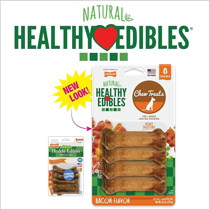 Nylabone Healthy Edibles Long Lasting Chew Treats. (4) 8 Count Pakcs of Bacon Flavor Tereats for X-Small/Petite Dogs. 32 Total Treats.