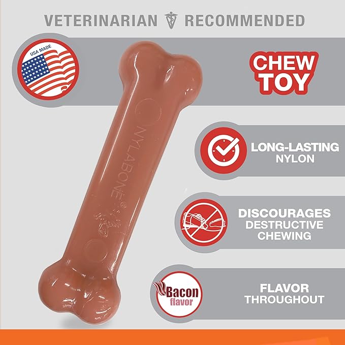 Nylabone Power Chew Classic Bone Chew Toy for Dogs, Durable Dog Toys for Aggressive Chewers, Bacon & Chicken Flavor, Medium/Wolf (2 Count)