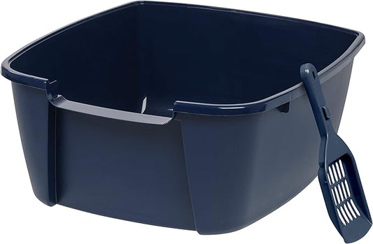 IRIS USA Jumbo Cat Litter Box with Scoop, Open Top High Sided Kitty Litter Pan, Navy